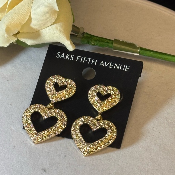 Saks Fifth Avenue Gold Tone Dangling Heart  Red Crystal Post Earrings 1.5in - Picture 2 of 12